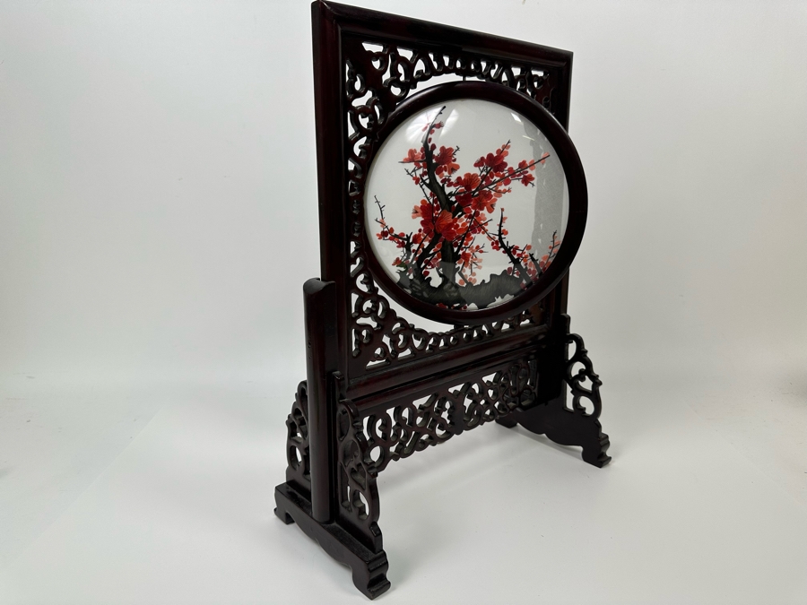 Chinese Two-Sided Silk Hand Stitch Embroidery Plum Blossom Table Screen 13W X 6D X 16.5H [Photo 6]