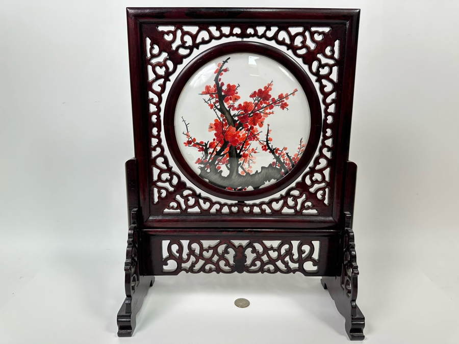 Chinese Two-Sided Silk Hand Stitch Embroidery Plum Blossom Table Screen 13W X 6D X 16.5H [Photo 2]