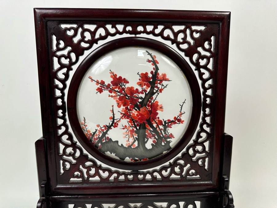 Chinese Two-Sided Silk Hand Stitch Embroidery Plum Blossom Table Screen 13W X 6D X 16.5H [Photo 9]