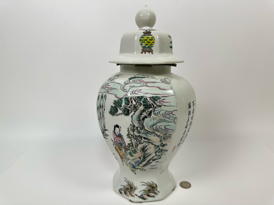 Vintage Signed Chinese Hand Painted Porcelain Lidded Jar 15H [Photo 3]