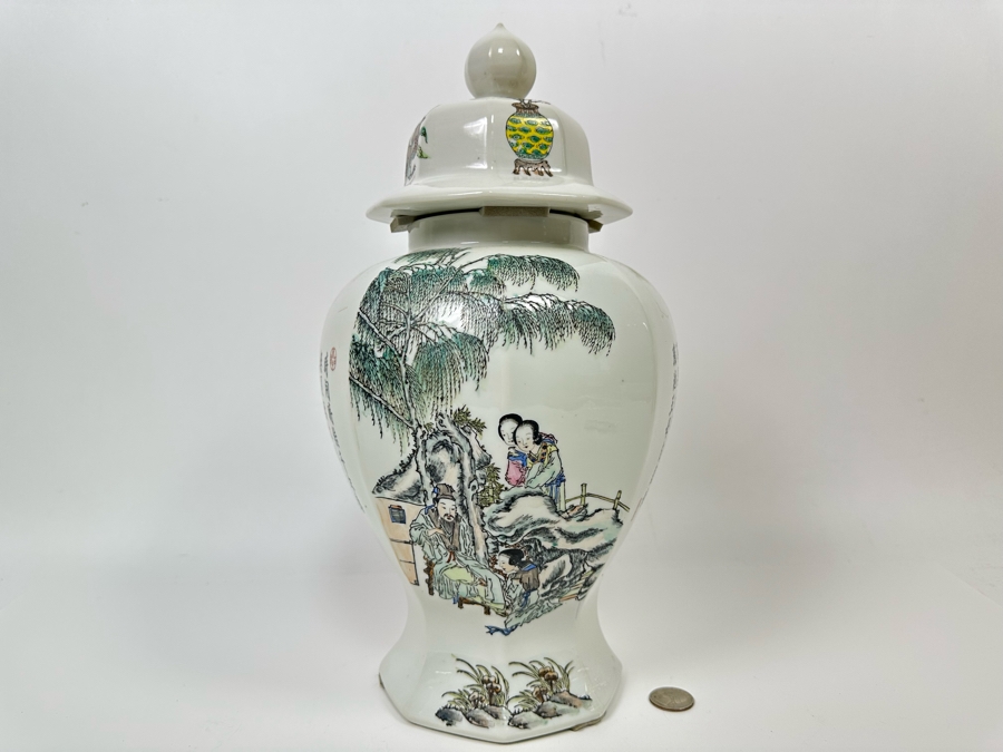 Vintage Signed Chinese Hand Painted Porcelain Lidded Jar 15H [Photo 23]
