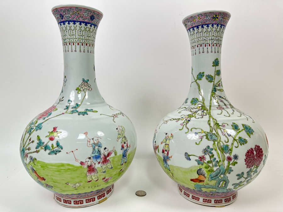 Pair Of Vintage Chinese Hand Painted Porcelain Vases 15H [Photo 3]