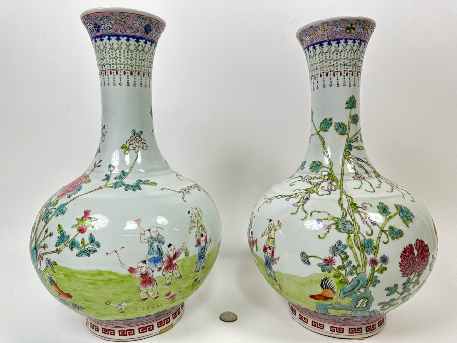 Pair Of Vintage Chinese Hand Painted Porcelain Vases 15H [Photo 2]