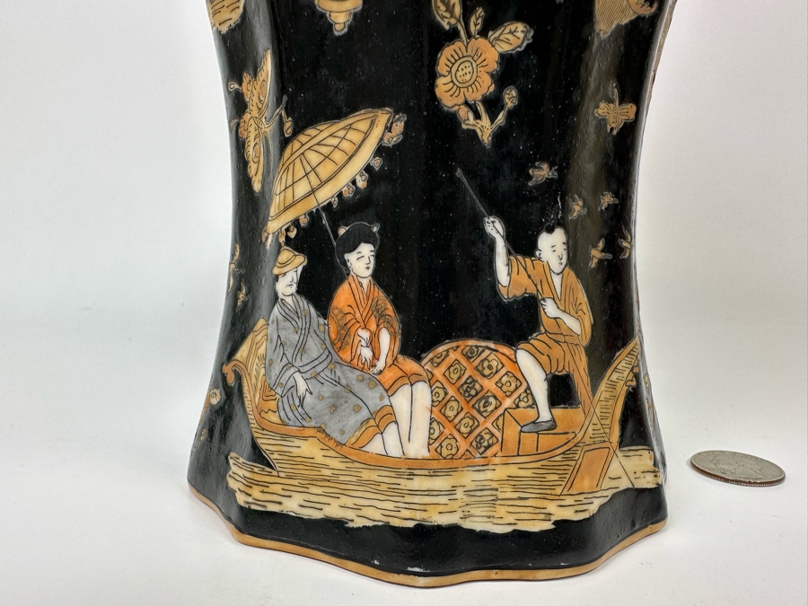 Vintage Signed Chinese Hand Painted Black And Orange Dragon Motif Vase 7.5W X 14H [Photo 9]