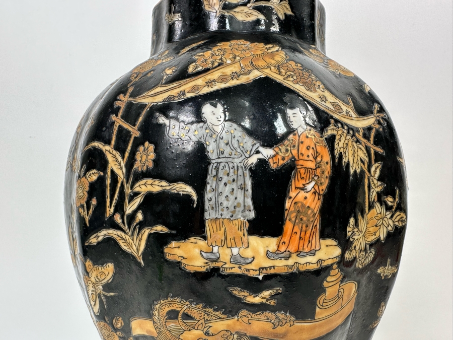Vintage Signed Chinese Hand Painted Black And Orange Dragon Motif Vase 7.5W X 14H [Photo 18]