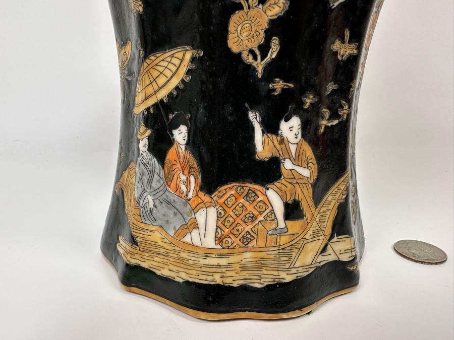Vintage Signed Chinese Hand Painted Black And Orange Dragon Motif Vase 7.5W X 14H [Photo 15]
