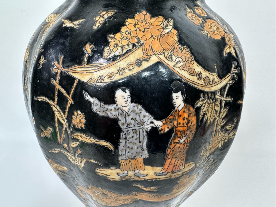 Vintage Signed Chinese Hand Painted Black And Orange Dragon Motif Vase 7.5W X 14H [Photo 8]