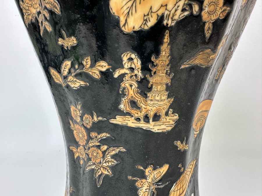 Vintage Signed Chinese Hand Painted Black And Orange Dragon Motif Vase 7.5W X 14H [Photo 12]