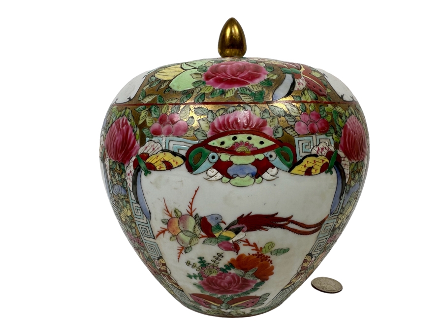 Vintage Signed Chinese Hand Painted Porcelain Lidded Jar 7.5W X 8H [Photo 1]