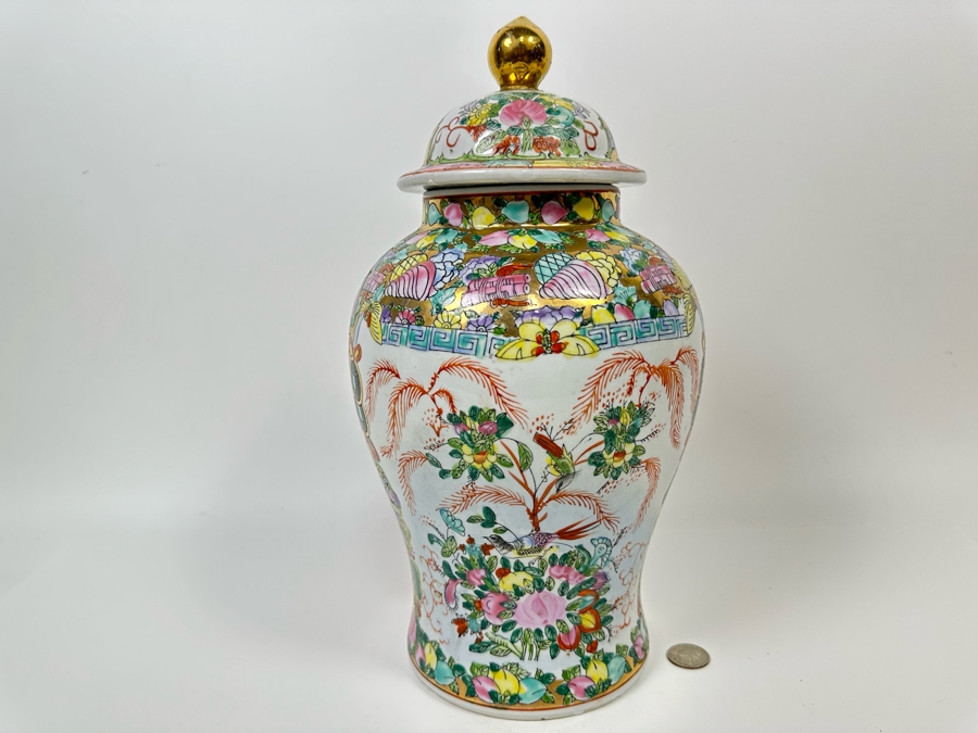 Vintage Signed Chinese Hand Painted Porcelain Lidded Jar 7.5W X 14H [Photo 12]
