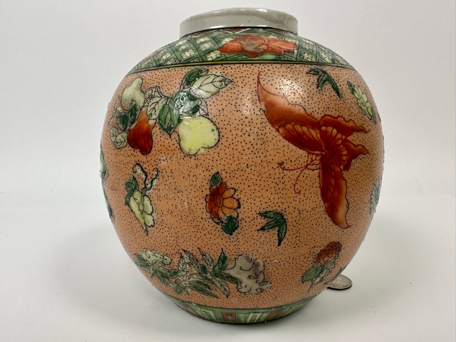 Vintage Signed Chinese Butterfly Motif Porcelain Jar 6.5W X 7H [Photo 4]