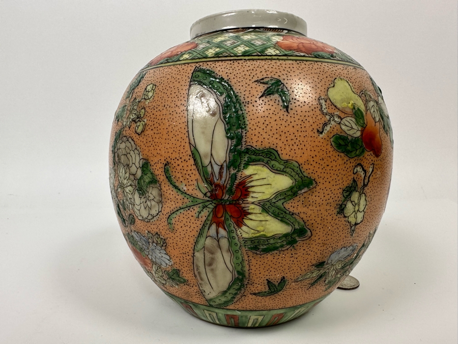 Vintage Signed Chinese Butterfly Motif Porcelain Jar 6.5W X 7H [Photo 6]