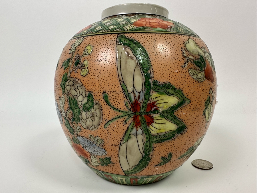 Vintage Signed Chinese Butterfly Motif Porcelain Jar 6.5W X 7H [Photo 2]
