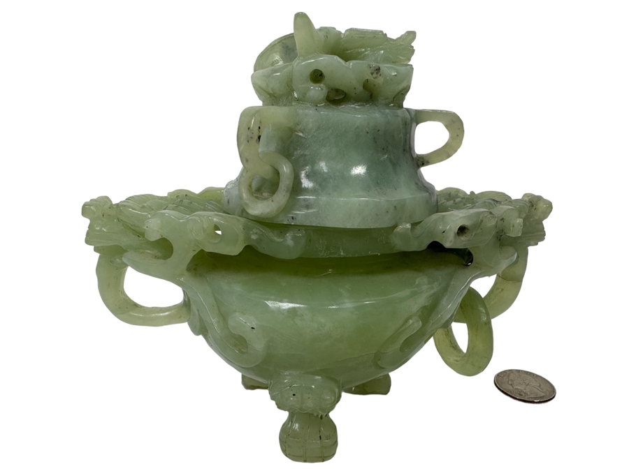 Vintage Chinese Jade Incense Burner Dragon Motif 6.5W X 4D X 5.5H