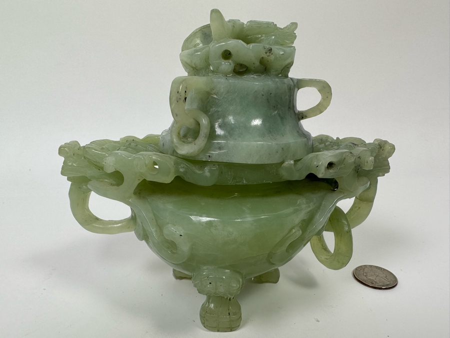 Vintage Chinese Jade Incense Burner Dragon Motif 6.5W X 4D X 5.5H [Photo 2]