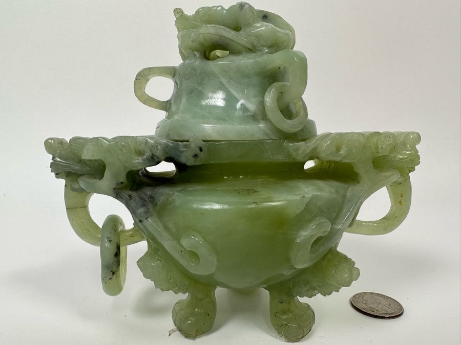 Vintage Chinese Jade Incense Burner Dragon Motif 6.5W X 4D X 5.5H [Photo 11]