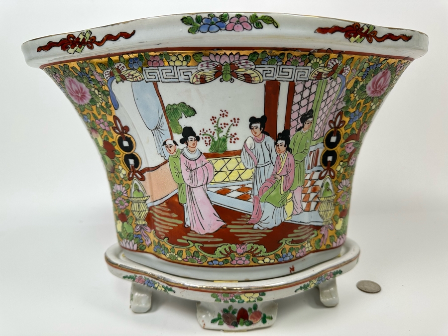 Signed Chinese Hand Painted Porcelain Planter With Underplate 6W X 9.5H [Photo 4]
