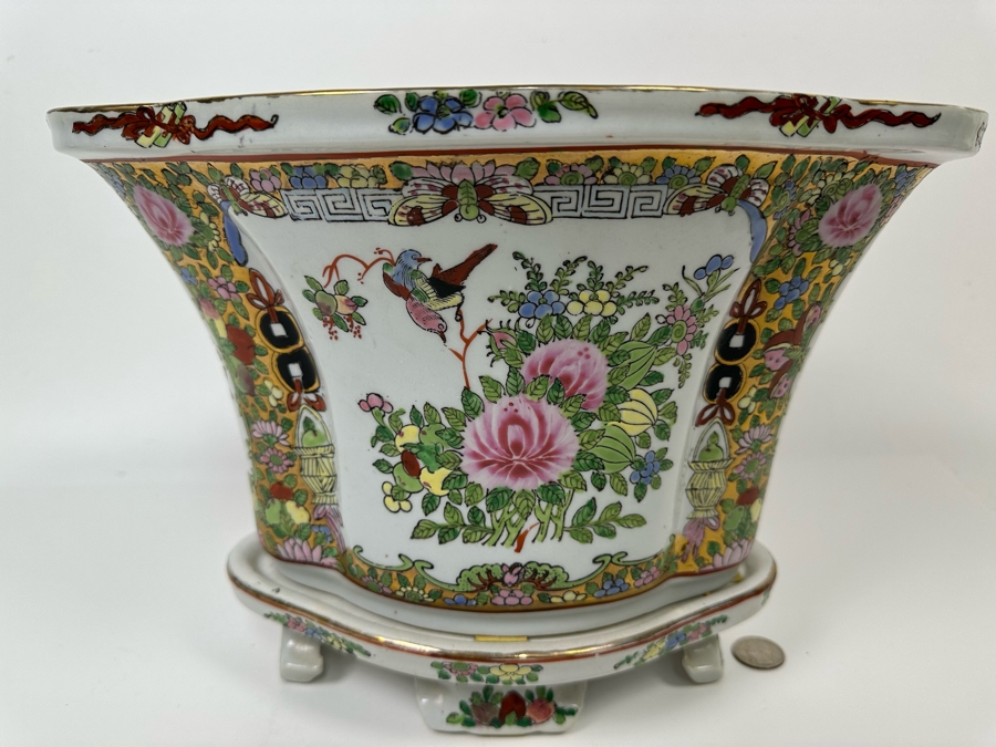 Signed Chinese Hand Painted Porcelain Planter With Underplate 6W X 9.5H [Photo 9]