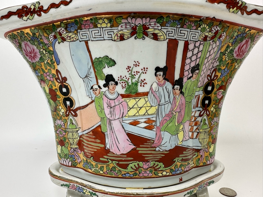 Signed Chinese Hand Painted Porcelain Planter With Underplate 6W X 9.5H [Photo 5]