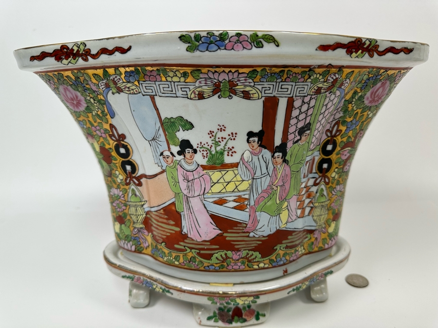 Signed Chinese Hand Painted Porcelain Planter With Underplate 6W X 9.5H [Photo 3]