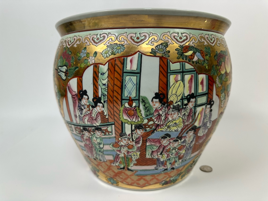 Vintage Signed Chinese Hand Painted Porcelain Fish Bowl Planter 13W X 11H [Photo 2]