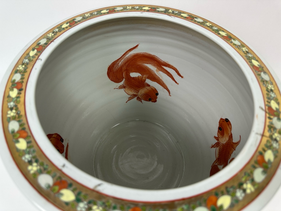Vintage Signed Chinese Hand Painted Porcelain Fish Bowl Planter 13W X 11H [Photo 7]