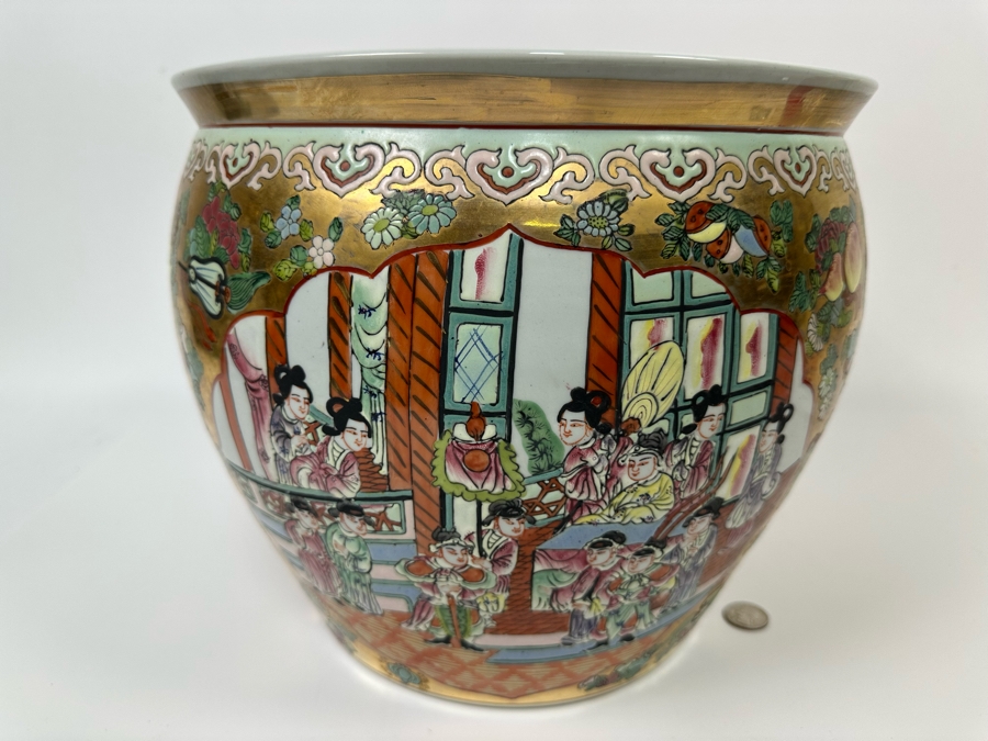 Vintage Signed Chinese Hand Painted Porcelain Fish Bowl Planter 13W X 11H [Photo 3]