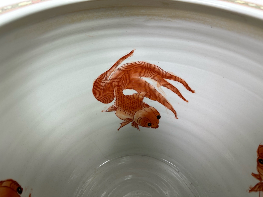 Vintage Signed Chinese Hand Painted Porcelain Fish Bowl Planter 13W X 11H [Photo 8]