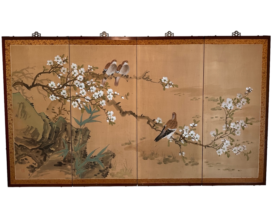 Vintage Signed Chinese Silk Screen Painting 60W X 36H [Photo 1]