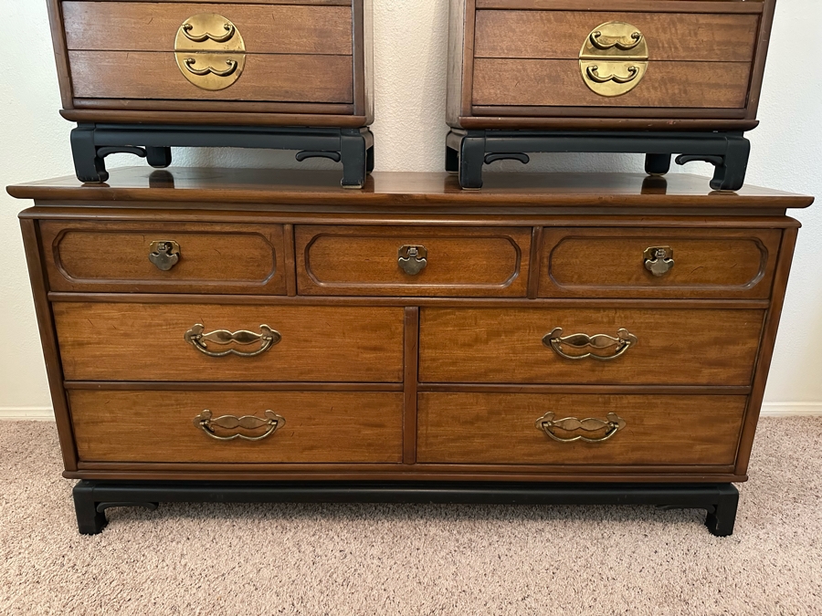 Mid-Century Chinoiserie Chest Of Drawers Dresser 60W X 20D X 31H With Matching Pair Of Nightstands 23W X 16D X 22H By Basset Furniture [Photo 5]