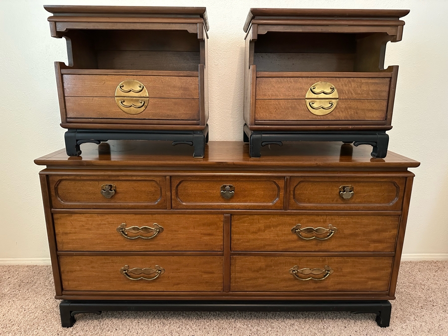 Mid-Century Chinoiserie Chest Of Drawers Dresser 60W X 20D X 31H With Matching Pair Of Nightstands 23W X 16D X 22H By Basset Furniture [Photo 2]