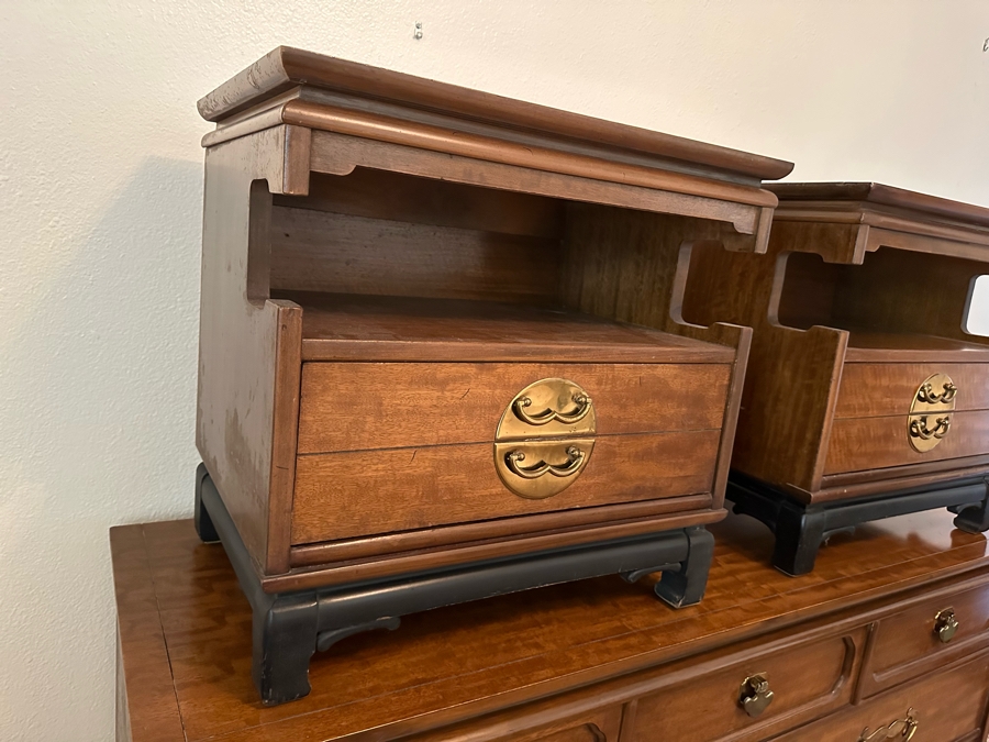 Mid-Century Chinoiserie Chest Of Drawers Dresser 60W X 20D X 31H With Matching Pair Of Nightstands 23W X 16D X 22H By Basset Furniture [Photo 7]