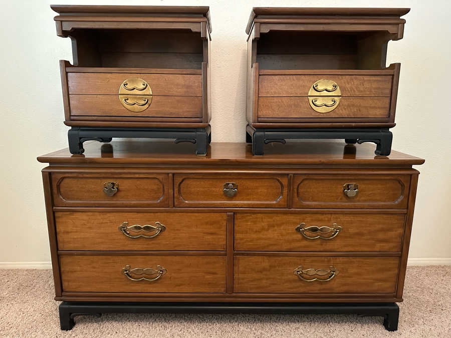 Mid-Century Chinoiserie Chest Of Drawers Dresser 60W X 20D X 31H With Matching Pair Of Nightstands 23W X 16D X 22H By Basset Furniture [Photo 4]