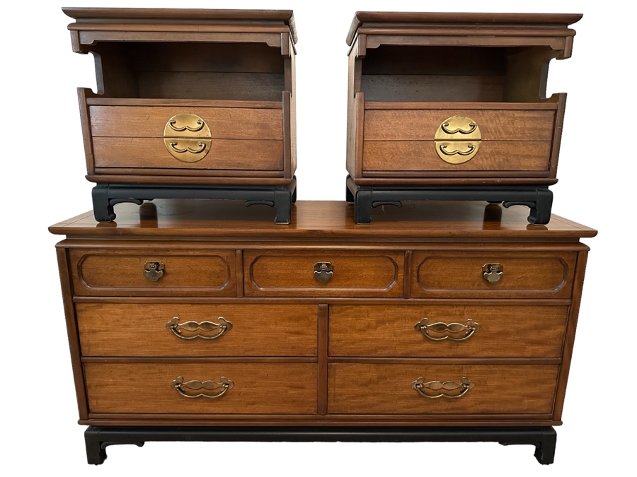 Mid-Century Chinoiserie Chest Of Drawers Dresser 60W X 20D X 31H With Matching Pair Of Nightstands 23W X 16D X 22H By Basset Furniture [Photo 1]