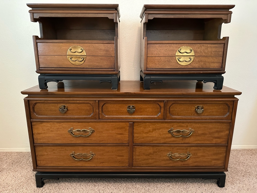 Mid-Century Chinoiserie Chest Of Drawers Dresser 60W X 20D X 31H With Matching Pair Of Nightstands 23W X 16D X 22H By Basset Furniture [Photo 3]