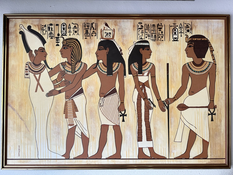 Original Egyptian Scene Painting On Canvas Signed Ramses 62W X 42H [Photo 3]