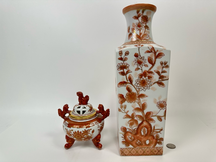 Vintage Japanese Foo Dog Incense Burner 6H And Japanse Hand Painted Porcelain Vase 14H [Photo 2]