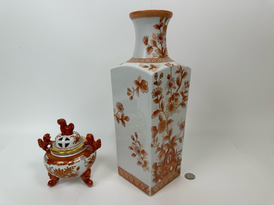 Vintage Japanese Foo Dog Incense Burner 6H And Japanse Hand Painted Porcelain Vase 14H [Photo 7]