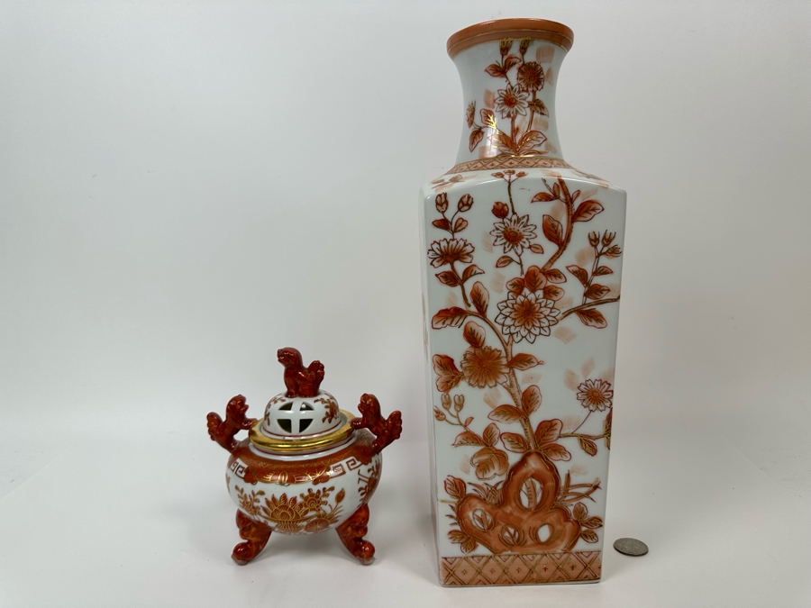 Vintage Japanese Foo Dog Incense Burner 6H And Japanse Hand Painted Porcelain Vase 14H [Photo 3]