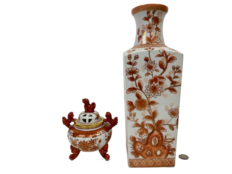 Vintage Japanese Foo Dog Incense Burner 6H And Japanse Hand Painted Porcelain Vase 14H