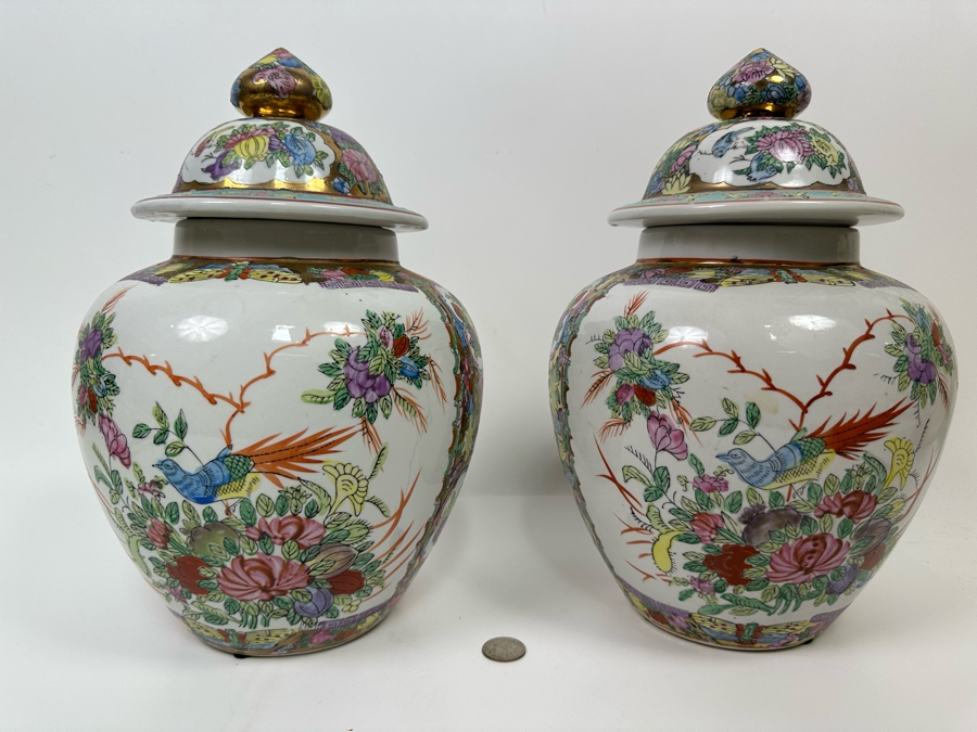 Vintage Pair Of Chinese Hand Painted Lidded Jars 9W X 13H [Photo 3]