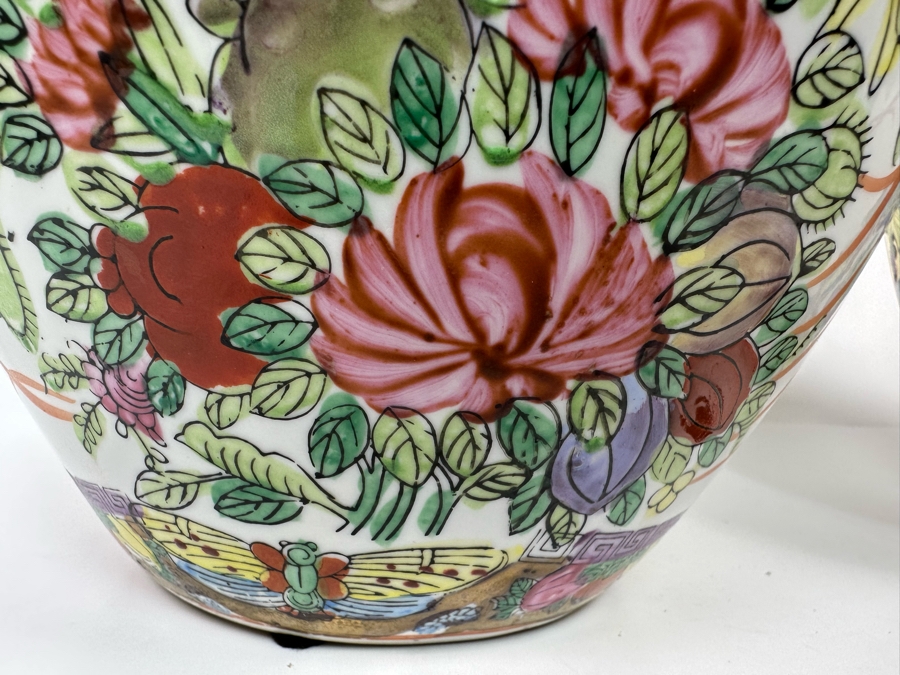 Vintage Pair Of Chinese Hand Painted Lidded Jars 9W X 13H [Photo 5]