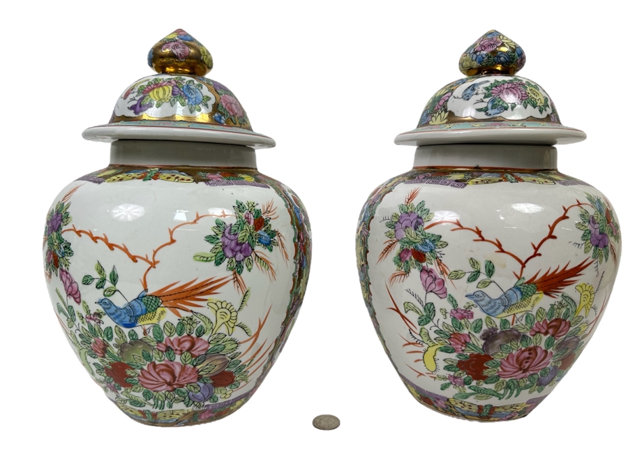 Vintage Pair Of Chinese Hand Painted Lidded Jars 9W X 13H