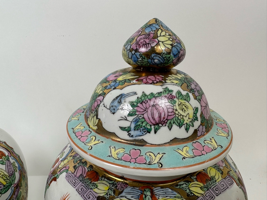 Vintage Pair Of Chinese Hand Painted Lidded Jars 9W X 13H [Photo 8]