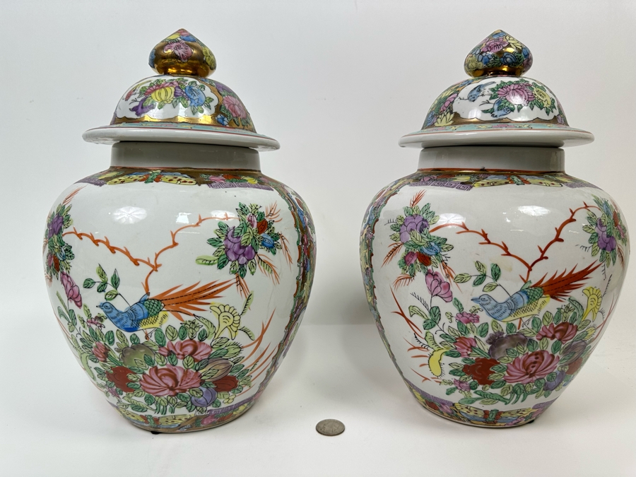 Vintage Pair Of Chinese Hand Painted Lidded Jars 9W X 13H [Photo 2]