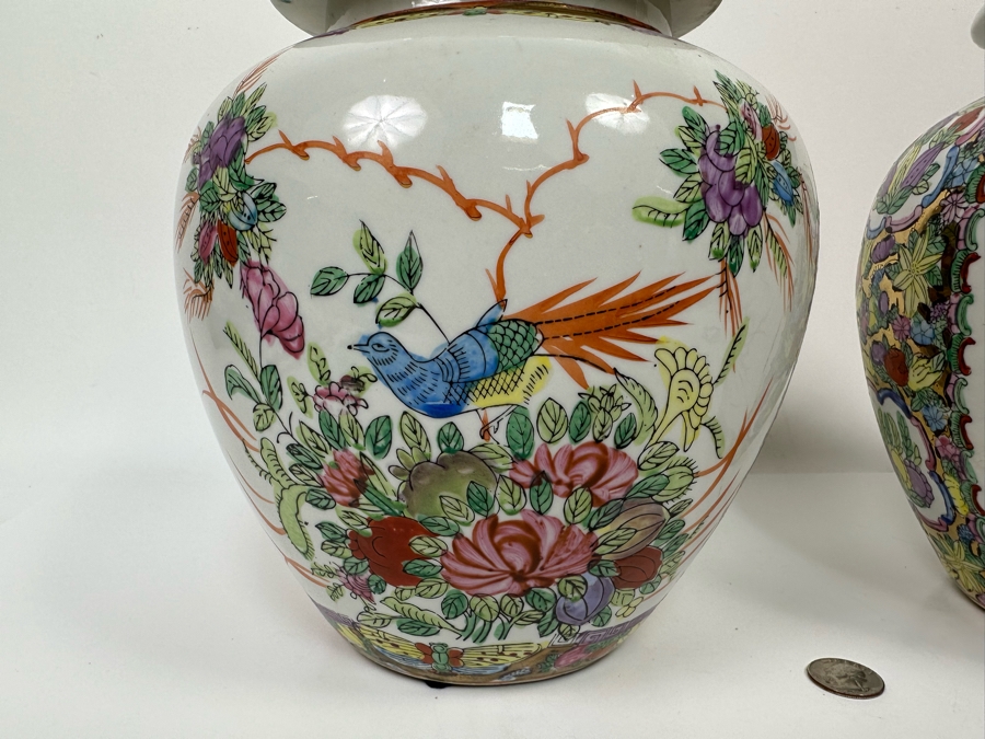 Vintage Pair Of Chinese Hand Painted Lidded Jars 9W X 13H [Photo 4]