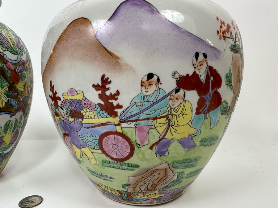Vintage Pair Of Chinese Hand Painted Lidded Jars 9W X 13H [Photo 10]