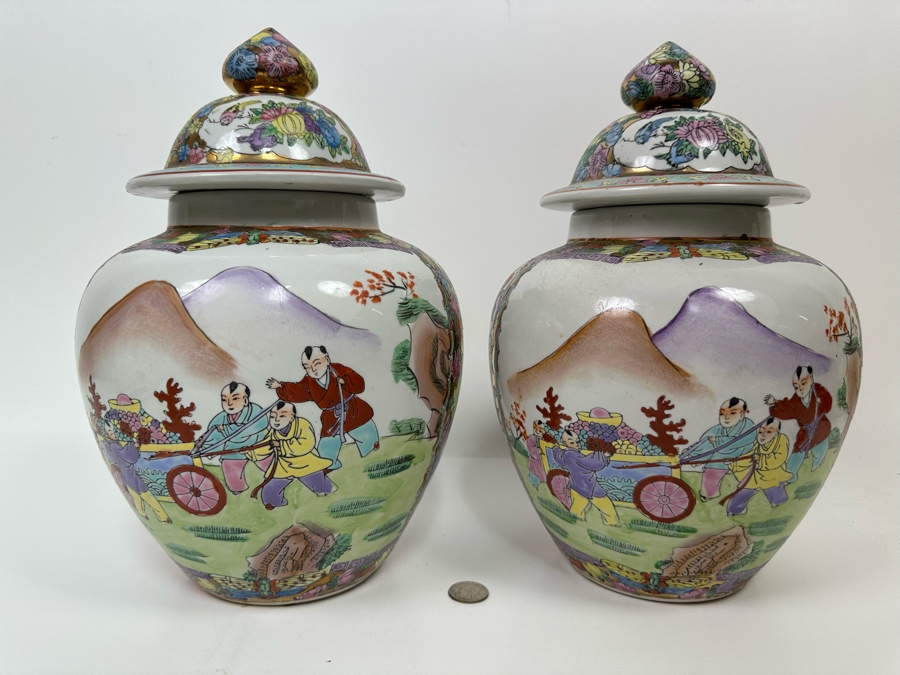 Vintage Pair Of Chinese Hand Painted Lidded Jars 9W X 13H [Photo 11]