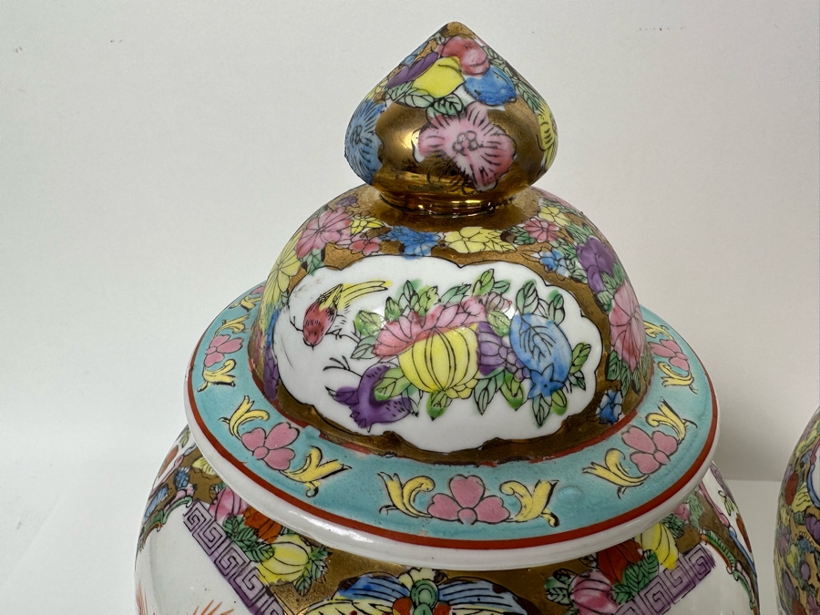 Vintage Pair Of Chinese Hand Painted Lidded Jars 9W X 13H [Photo 6]