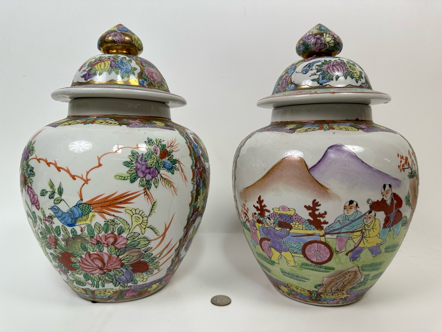 Vintage Pair Of Chinese Hand Painted Lidded Jars 9W X 13H [Photo 9]